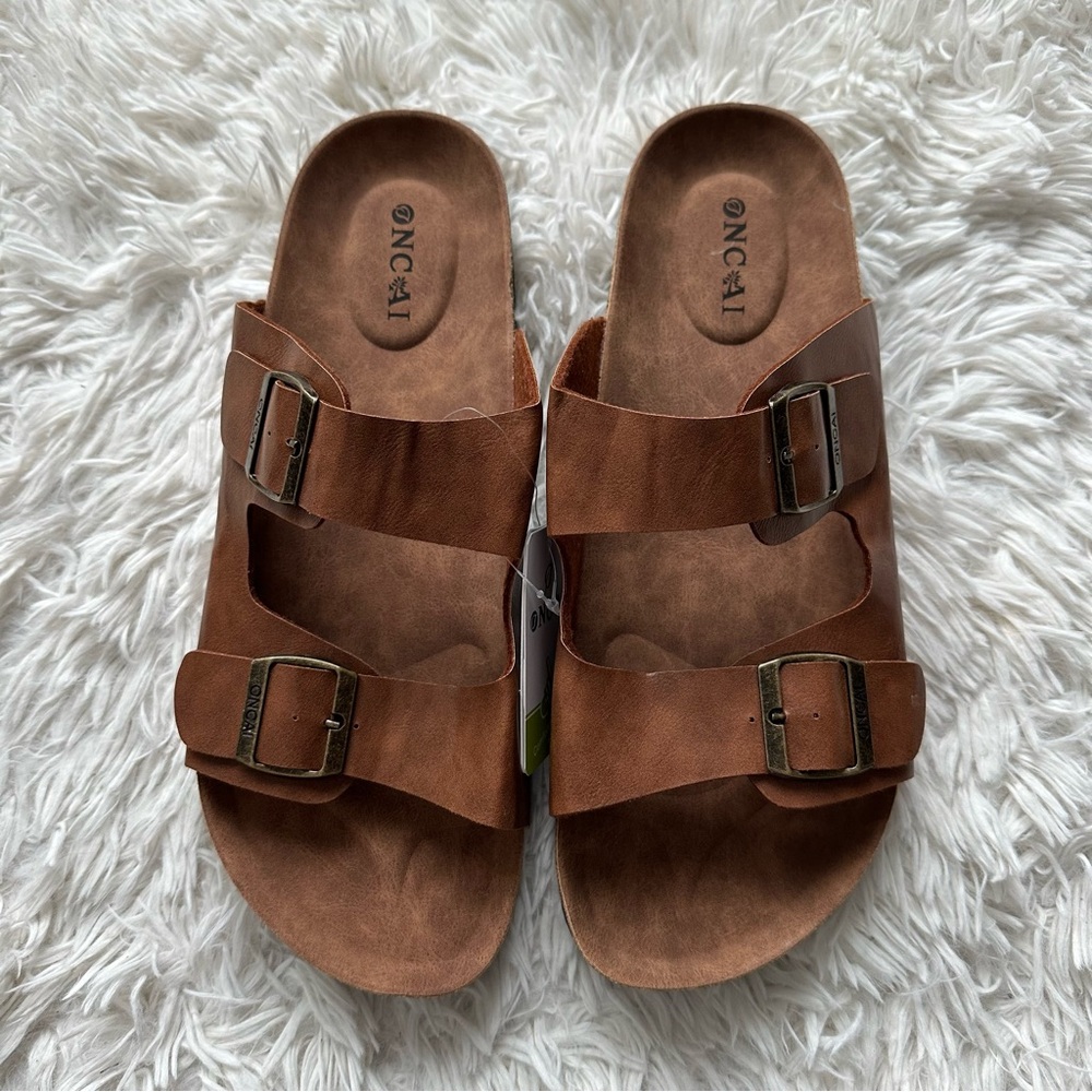 Oncai Mens Slide Sandals Adjustable Straps Brown New With Tags Size 10